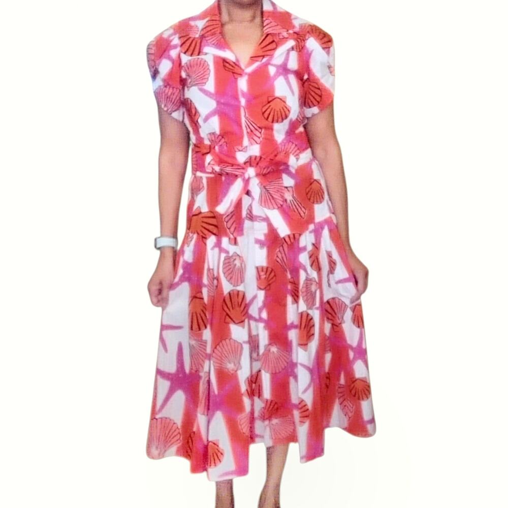 LHD Glades sea shell starfish striped cotton button up belted midi dress Size 8 - Picture 4 of 12